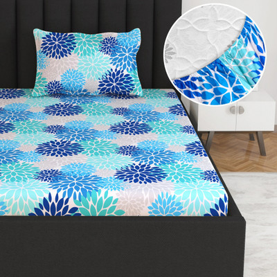 Divine Casa 144 TC Cotton Single Floral Fitted (Elastic) Bedsheet(Pack of 1, Dusk Blue)