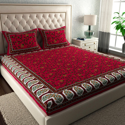 Leo Creation Cotton Double Flat 144 TC Jaipuri Prints Bedsheet(Pack of 1, Red, Green, Mustard, Black)