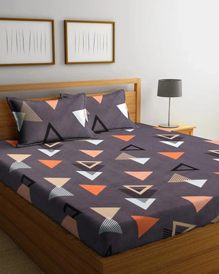 The Little Big Store Cotton King Fitted (Elastic) 210 TC Printed Bedsheet(Pack of 1, Gray Triangle)