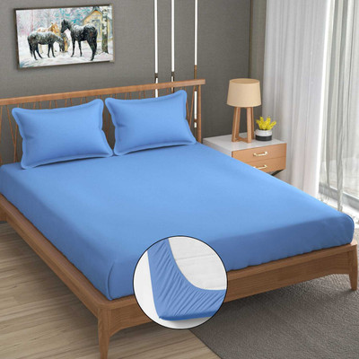 Outlay Home 250 TC Microfiber Double Solid Fitted (Elastic) Bedsheet(Pack of 1, Sky-Blue)