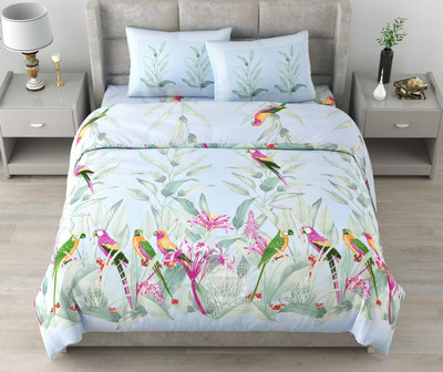RJ Cotton King Flat 210 TC Printed Bedsheet(Pack of 1, Blue, Wht)