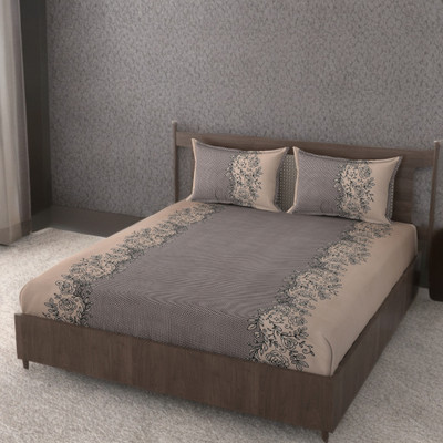 HUESPACE Cotton, Cotton Blend, Microfiber Double, Queen Fitted (Elastic) 300 TC Floral Bedsheet(Pack of 1, Brown)