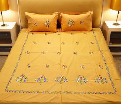 Arsha Chikankari Cotton Queen Flat 230 TC Embroidered Bedsheet(Pack of 1, Mustard)
