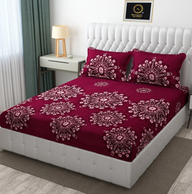 GLORIES 210 TC Cotton King Printed Fitted (Elastic) Bedsheet(Pack of 1, WHITE GREY ORANGE)