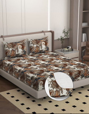 BROMWICK Microfiber Double Fitted (Elastic) 250 TC Floral Bedsheet(Pack of 1, Brown)