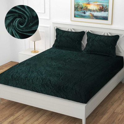 jinwal Velvet, Woolen King Fitted (Elastic) 240 TC Floral Bedsheet(Pack of 1, Green Velvet - Flannel Warm Bedsheet For Winter)