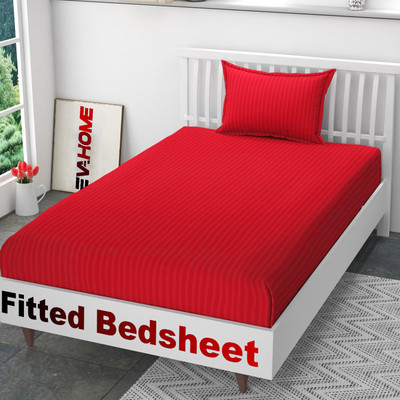 EVAHOME 300 TC Cotton Single Striped Fitted (Elastic) Bedsheet(Pack of 1, Red)