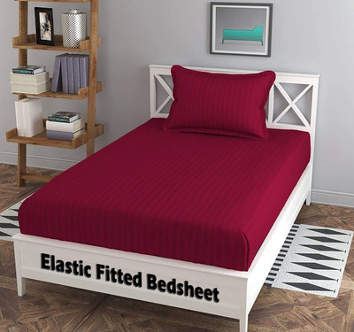 EVAHOME Cotton Single Fitted (Elastic) 300 TC Striped Bedsheet(Pack of 1, Maroon)