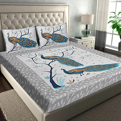 DESHBANDHU DBK Cotton King Flat 144 TC Printed Bedsheet(Pack of 1, Peacock Blue)