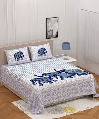 Monik Handicrafts 144 TC Cotton Double Jaipuri Prints Flat Bedsheet(Pack of 1, Blue)
