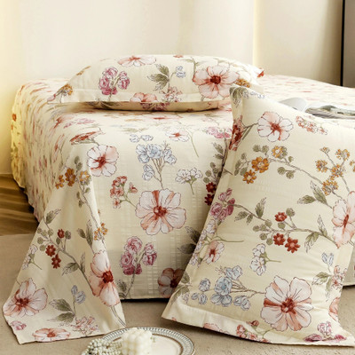 Story@home Satin King Flat 300 TC Floral Bedsheet(Pack of 1, Off White, Red)