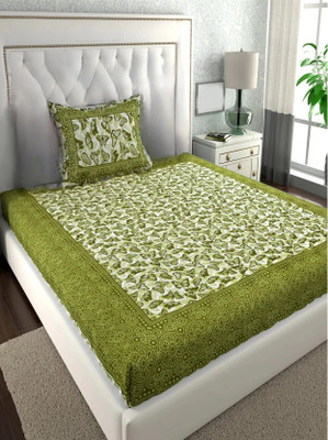BharatLinen Cotton Single Flat 144 TC Jaipuri Prints Bedsheet(Pack of 1, Tittli Green)