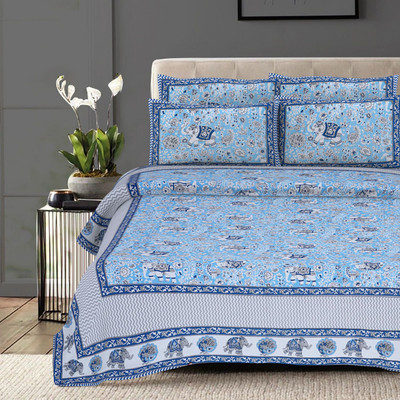 RAJDEVI JAIPUR PRINTS Cotton King Flat 361 TC Animal Bedsheet(Pack of 1, Blue)