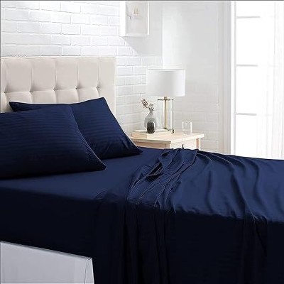 Fabarist 160 TC Cotton Double Striped Flat Bedsheet(Pack of 1, Navy Blue)