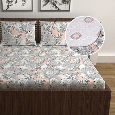Divine Casa 144 TC Cotton Double Floral Fitted (Elastic) Bedsheet(Pack of 1, Grey and Peach)
