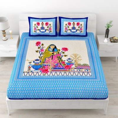 UNIQCHOICE 104 TC Cotton Double Jaipuri Prints Flat Bedsheet(Pack of 1, Blue)