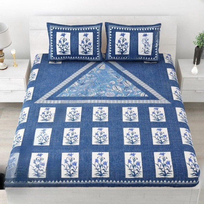 Sabita 340 TC Cotton Queen Jaipuri Prints Flat Bedsheet(Pack of 1, Blue)