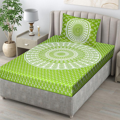 RIYA FABRICS 140 TC Cotton Single Jaipuri Prints Flat Bedsheet(Pack of 1, Green)
