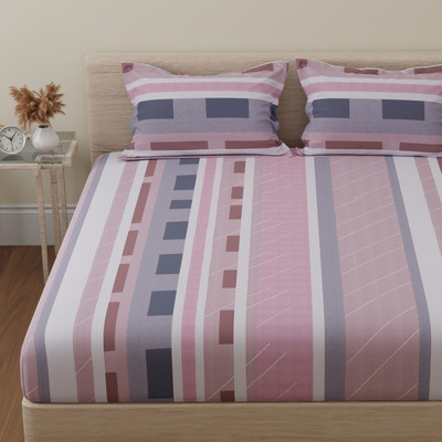 Huesland Cotton King Flat 144 TC Striped Bedsheet(Pack of 1, Heather Grey & White & Mocha Mousse)
