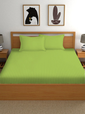 kashmya Cotton Double Flat 220 TC Striped Bedsheet(Pack of 1, Green Satin, 80)