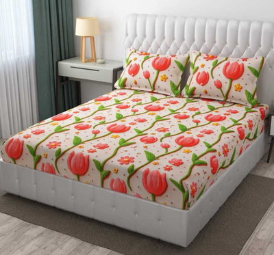 OM SAI DECOR Cotton, Microfiber King Fitted (Elastic) 350 TC Floral Bedsheet(Pack of 1, 7D Bedsheet Pink)