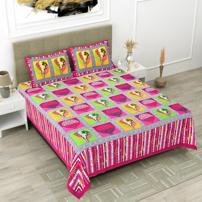 Dreamsoft Cotton Double Flat 144 TC Jaipuri Prints Bedsheet(Pack of 1, Pink)