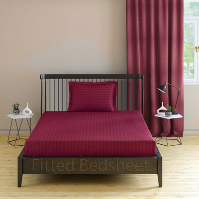 roman 300 TC Cotton Single Striped Fitted (Elastic) Bedsheet(Pack of 1, Wine)