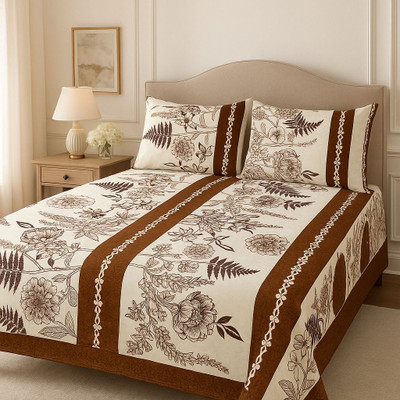 parth international Cotton Blend Double Fitted (Elastic) 280 TC Floral Bedsheet(Pack of 1, Beige, Brown)