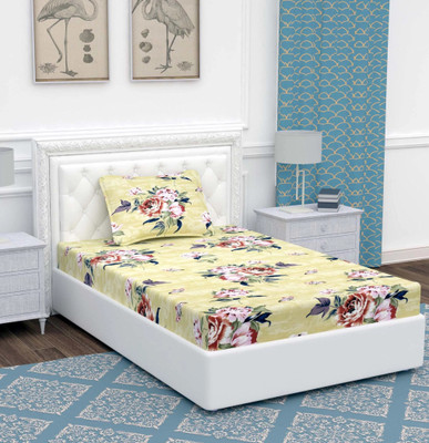 BEVI Microfiber Single Flat 280 TC Floral Bedsheet(Pack of 1, Beige)