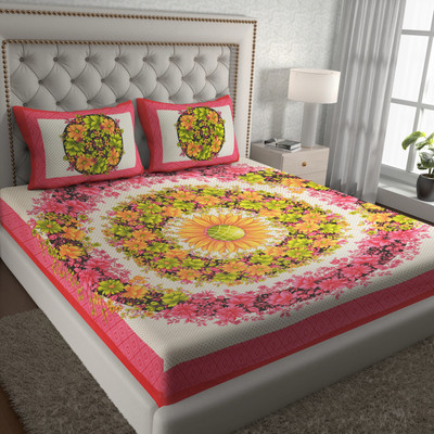 Cosito Cotton Double Flat 144 TC Jaipuri Prints Bedsheet(Pack of 1, Pink)