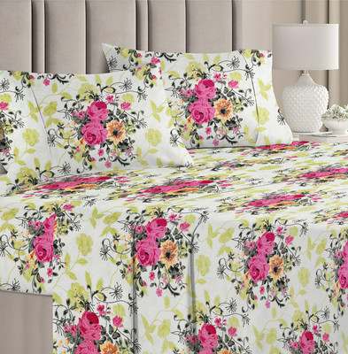 Flipkart SmartBuy Cotton King Flat 180 TC Floral Bedsheet(Pack of 1, White Pink)