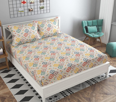 AVINYA 244 TC Cotton Single Printed Fitted (Elastic) Bedsheet(Pack of 1, Red Geomatric)