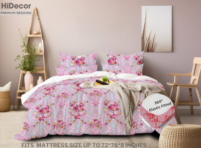 HIDECOR 280 TC Microfiber Double, King Printed Fitted (Elastic) Bedsheet(Pack of 1, Pink)
