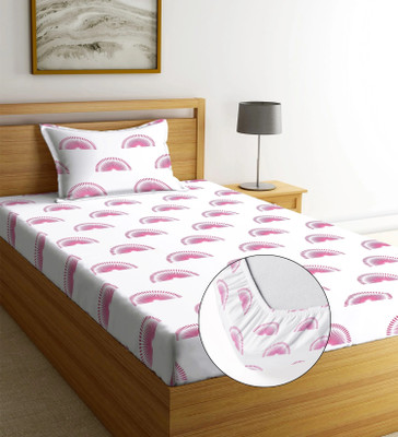 Shruvis Ekart Cotton Single Fitted (Elastic) 240 TC Printed Bedsheet(Pack of 1, White, Pink_Sunflower)