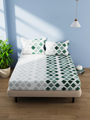 Bianca Cotton Double Flat 144 TC Abstract Bedsheet(Pack of 1, IVORY/GREEN)