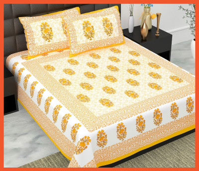 BedZone Cotton Double Flat 240 TC Jaipuri Prints Bedsheet(Pack of 1, Yellow)