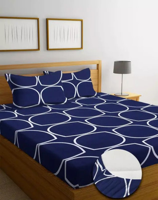 asha traders Cotton Double Fitted (Elastic) 220 TC Geometric Bedsheet(Pack of 1, Navy Blue)