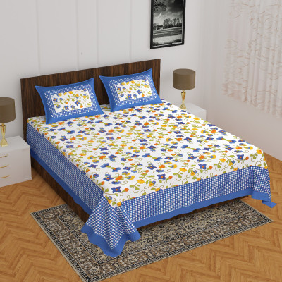 ankhoi 160 TC Cotton Double Jaipuri Prints Flat Bedsheet(Pack of 1, white \blue)