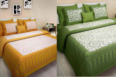 KANDY SHOP Cotton Double Flat 250 TC Jaipuri Prints Bedsheet(Pack of 1, Green, Yellow)