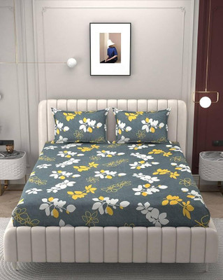 OM SAI DECOR Cotton King Fitted (Elastic) 350 TC Floral Bedsheet(Pack of 1, Green)