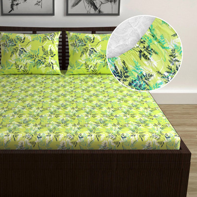 Divine Casa 144 TC Cotton Double Floral Fitted (Elastic) Bedsheet(Pack of 1, Greenery Lime)