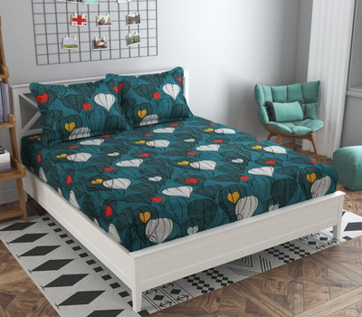 Arisha traders Cotton Queen Fitted (Elastic) 240 TC Printed Bedsheet(Pack of 1, Green)