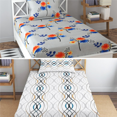 Prosseya 210 TC Cotton Single Floral Flat Bedsheet(Pack of 2, Multi-17)
