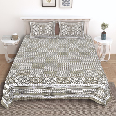 SABHINJO Cotton Super King, King Flat 180 TC Jaipuri Prints Bedsheet(Pack of 1, Grey)