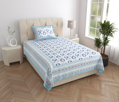 Texstylers 210 TC Cotton Single Jaipuri Prints Flat Bedsheet(Pack of 1, Blue)