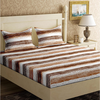 Jinaya's Cotton Double Flat 250 TC Striped Bedsheet(Pack of 1, Brown)