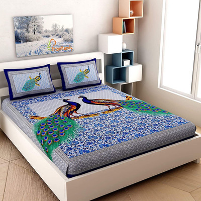 sr enterprises Cotton Double Flat 104 TC Printed Bedsheet(Pack of 1, Blue)