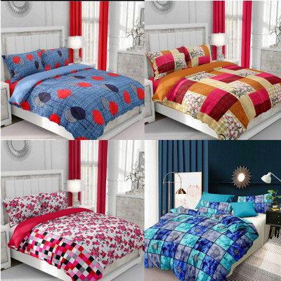 MORADO 144 TC Polycotton Double 3D Printed Flat Bedsheet(Pack of 4, Multicolor)