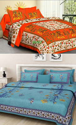 KANDY SHOP Cotton Double Flat 144 TC Jaipuri Prints Bedsheet(Pack of 2, Orange-SkyBlue)