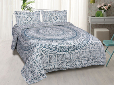 pari creations Cotton King Flat 300 TC Jaipuri Prints Bedsheet(Pack of 1, skyblue)